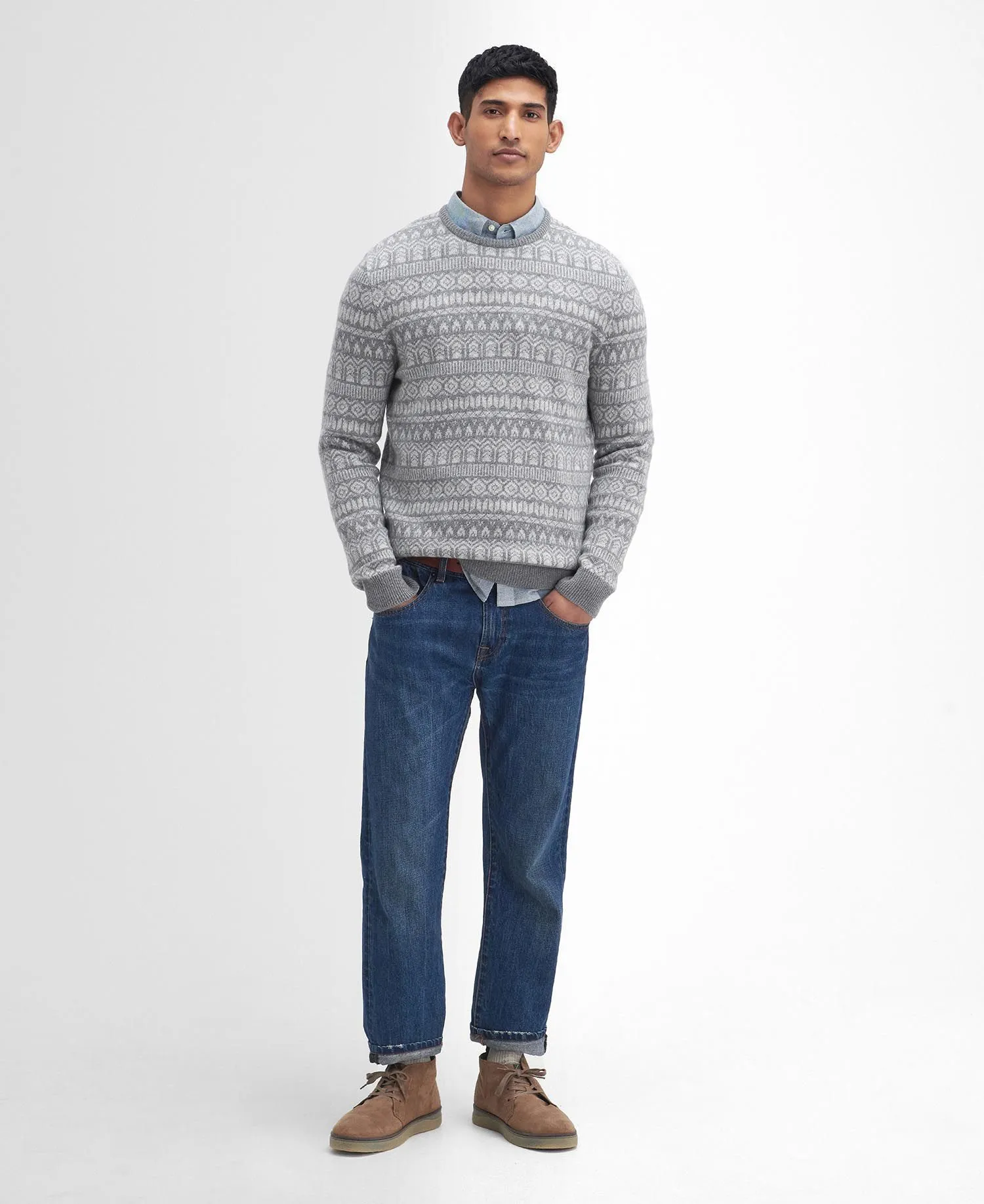 Stonebeck Fairisle Crew Neck Jumper in Grey Marl by Barbour