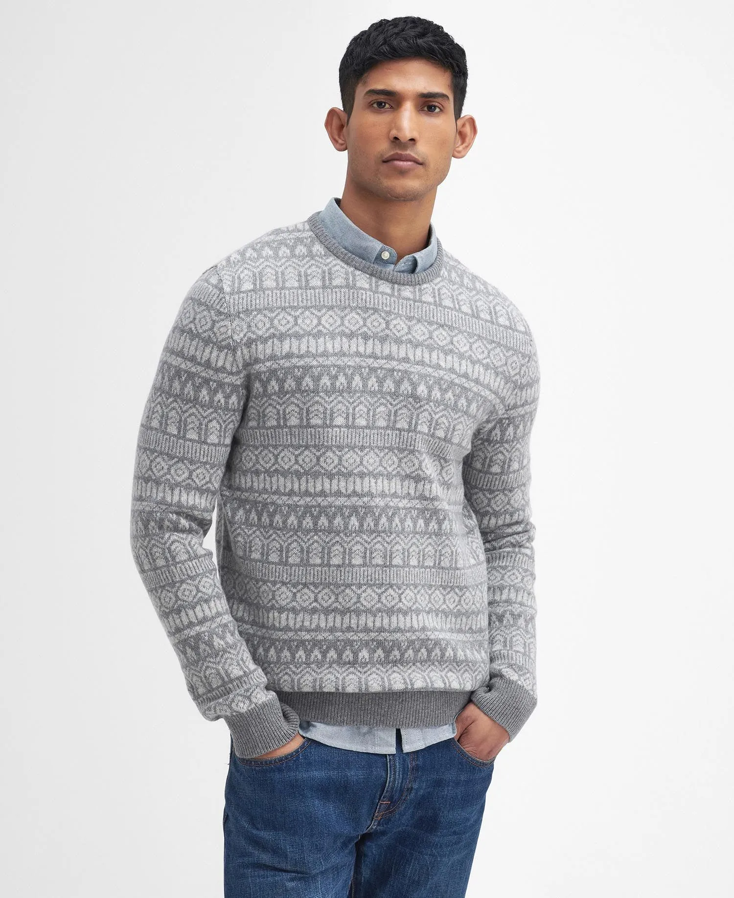 Stonebeck Fairisle Crew Neck Jumper in Grey Marl by Barbour