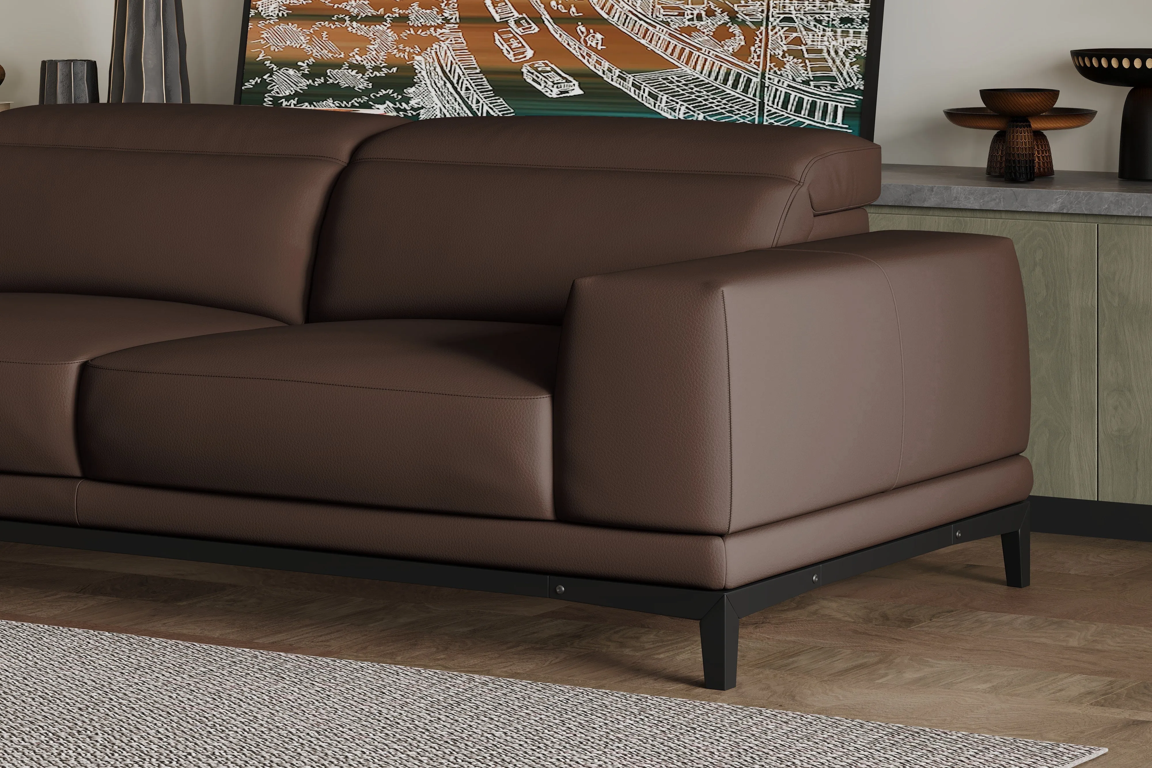 Valencia Valletta Top Grain Leather Three Seats with Left Chaise Sofa, Dark Brown